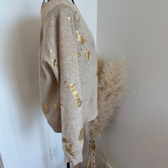 Brodie Fine Cashmere Sweater Size S Beige with Gold Paint Splatter Design - Picture 6 of 9